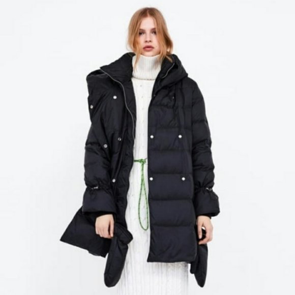 Zara Jackets & Blazers - NEW NWT ZARA Black Puffer Hooded Down Long Black Coat & Mittens Size Medium